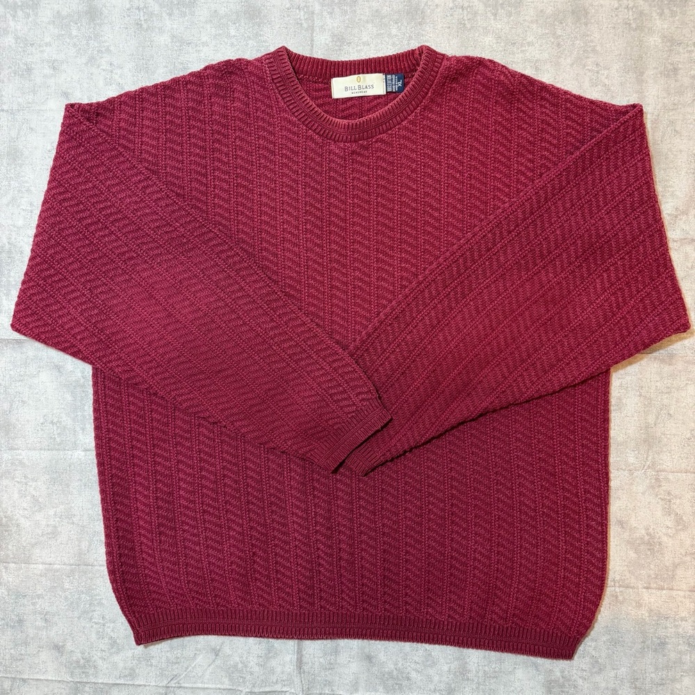 Vintage‎ 80s Bill Blass Men's XL Hand Framed Wine Red Knit Fisherman Sweater USA